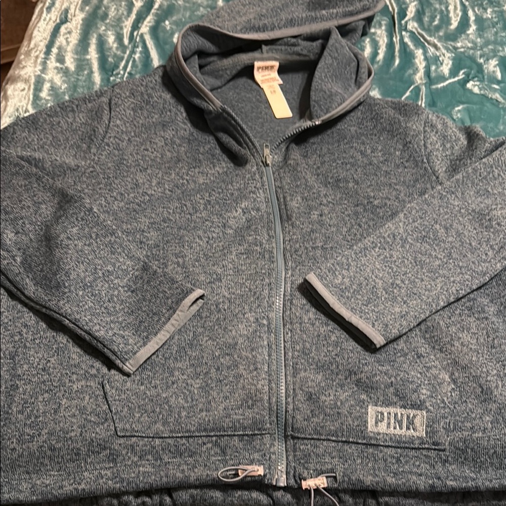 NWT VS PINK Marled Teal Zip Jacket w/ Hoodie and Drawstring Bottom
